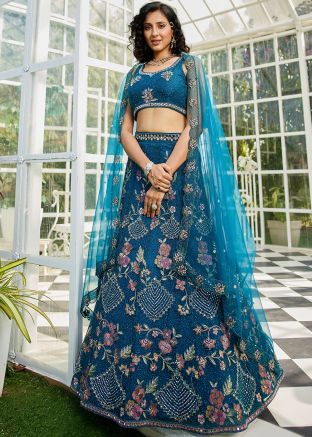 Blue Thread Embroidered Net Lehenga Choli