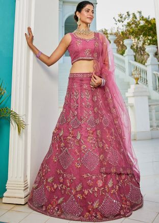 Pink Net Embroidered Lehenga Choli Set