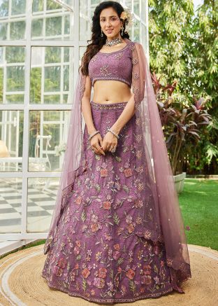 Mauve Purple Net Lehenga Choli In Thread Work