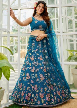 Blue Thread Embroidered Net Lehenga Choli