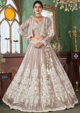 Cream Sequins Embellished Jacket Style Lehenga Choli