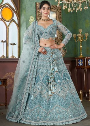 Blue Embroidered Readymade Net Lehenga Choli