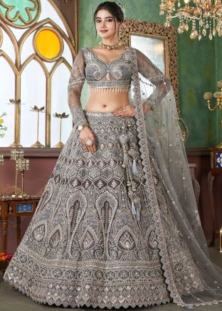 Readymade Grey Embroidered Lehenga Choli In Net