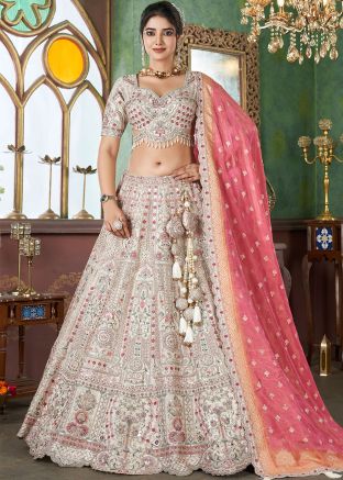 Readymade Off White Embroidered Lehenga Choli In Tussar Silk