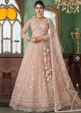 Peach Net Lehenga Choli In Handwork Embroidery
