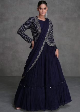 Navy Blue Embroidered Jacket Style Lehenga Choli