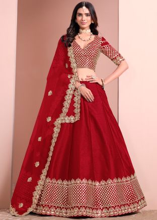 Red Art Silk Embellished Lehenga Choli
