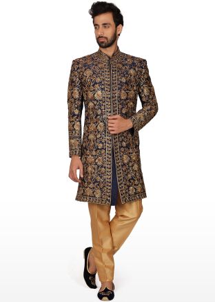 Navy Blue Hand Embroidered Silk Groom Sherwani