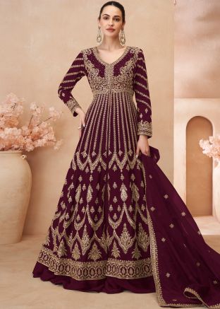 Wine Embroidered Slitted Kurti Style Lehenga In Chiffon