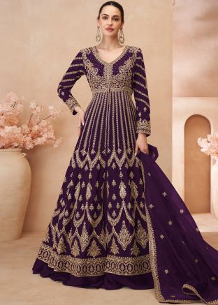 Purple Embroidered Chiffon Slit Kurti Style Lehenga