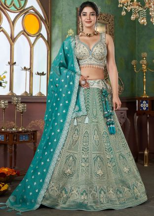 Blue Zari Woven Lehenga Choli In Jacquard