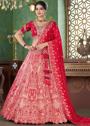 Red Embroidered Lehenga Choli In Jacquard
