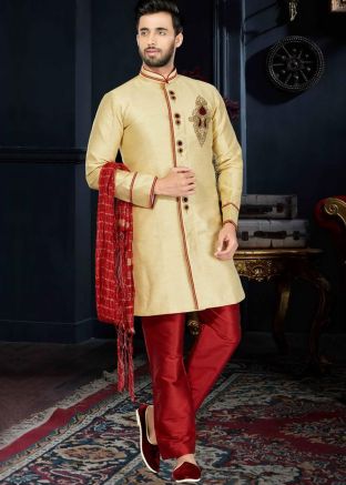 Readymade Golden Art Silk Sherwani