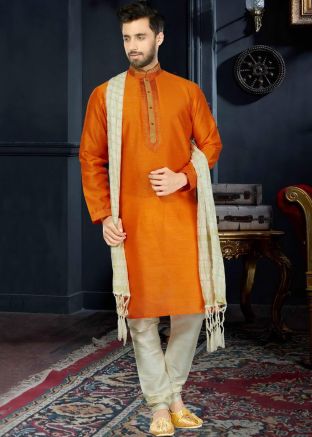 Readymade Orange Art Silk Kurta Churidar Set 
