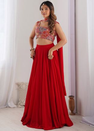 Red Embroidered Lehenga Choli In Georgette