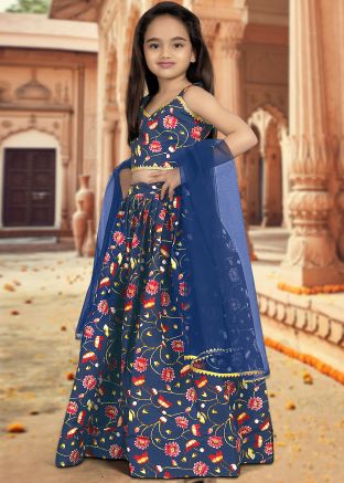 Blue Readymade Kids Digital Floral Print Lehenga Choli