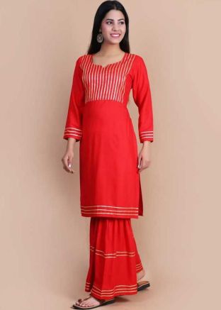Red Gota Patti Embellished Long Kurta With Gharara