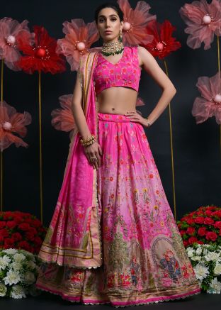 Pink Printed Viscose Lehenga Choli Set