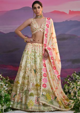 Cream Printed Viscose Lehenga Choli Set