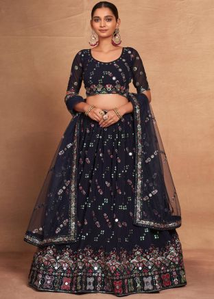 Navy Blue Thread Embroidered Lehenga Choli