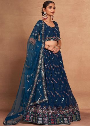 Teal Blue Georgette Lehenga Choli In Thread Work