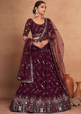Thread Embroidered Georgette Lehenga Choli In Wine