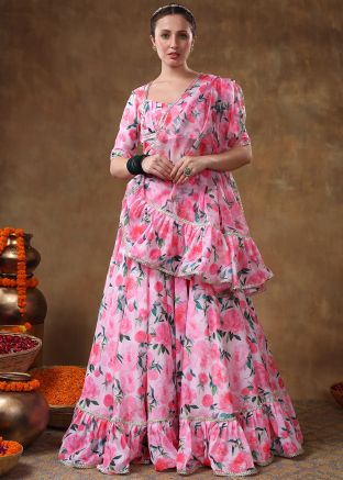 Pink Floral Printed Tiered Lehenga Choli