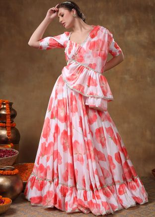 White Floral Printed Tiered Lehenga Choli