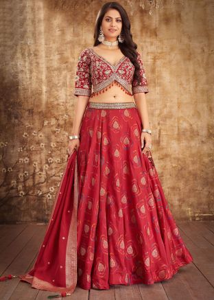 Maroon Woven Readymade Lehenga Choli Set