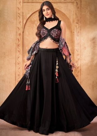 Black Readymade Embroidered Crape Lehenga Choli