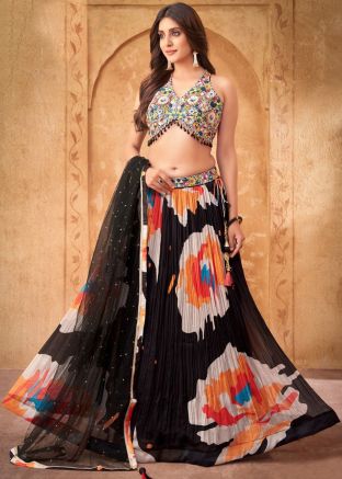 Black Printed Readymade Lehenga Choli In Organza