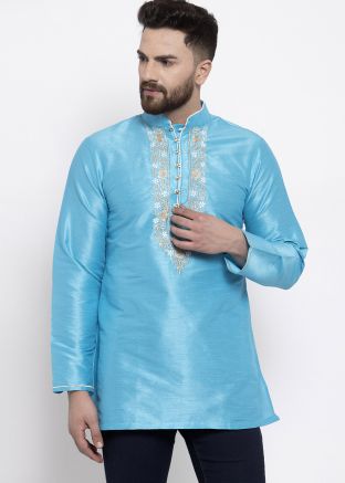Blue Embroidered Short Kurta In Dupion Silk