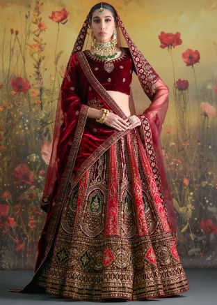 Bridal Multicolored Embroidered Velvet Lehenga Choli