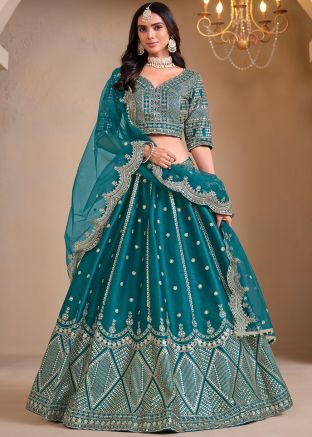 Teal Blue Embellished Lehenga Choli In Art Silk