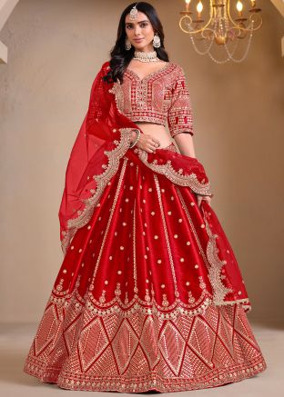 Red Embellished Lehenga Choli In Art Silk
