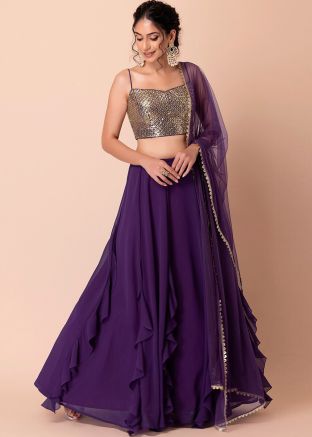 Purple Embroidered Lehenga Choli In Georgette