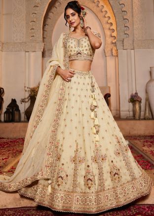 Cream Embroidered Tissue Lehenga Choli