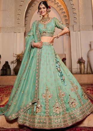 Mint Green Embroidered Lehenga Choli In Tissue