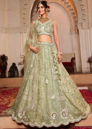 Sage Green Embellished Lehenga Choli In Tissue
