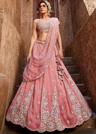 Pink Tissue Embroidered Lehenga Choli Set