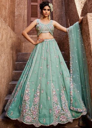 Turquoise Tissue Embroidered Lehenga Choli Set