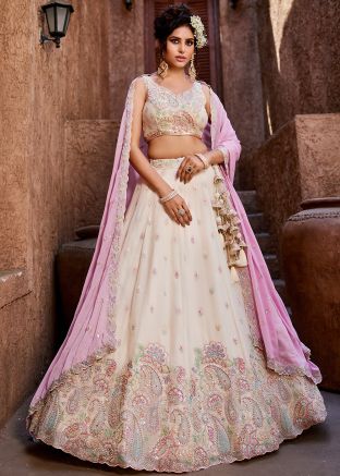 Cream Embellished Lehenga Choli Set