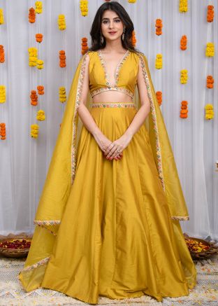 Readymade Yellow Embroidered Lehenga Choli In Silk