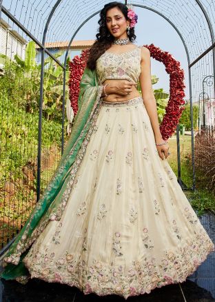 Cream Embroidered Lehenga Choli In Tissue Silk