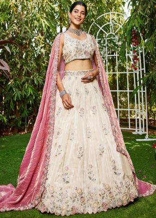 Cream Embroidered Lehenga Choli In Tissue