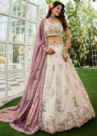 Cream Embroidered Lehenga Choli With Dupatta