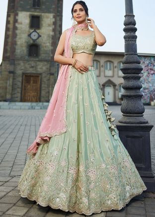 Green Embellished Lehenga Choli In Satin