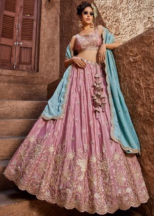 Mauve Pink Embellished Lehenga Choli In Satin