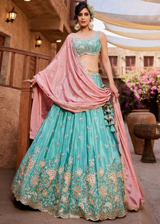 Turquoise Embellished Satin Lehenga Choli