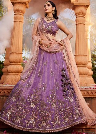 Purple Embroidered Tissue Lehenga Choli Set